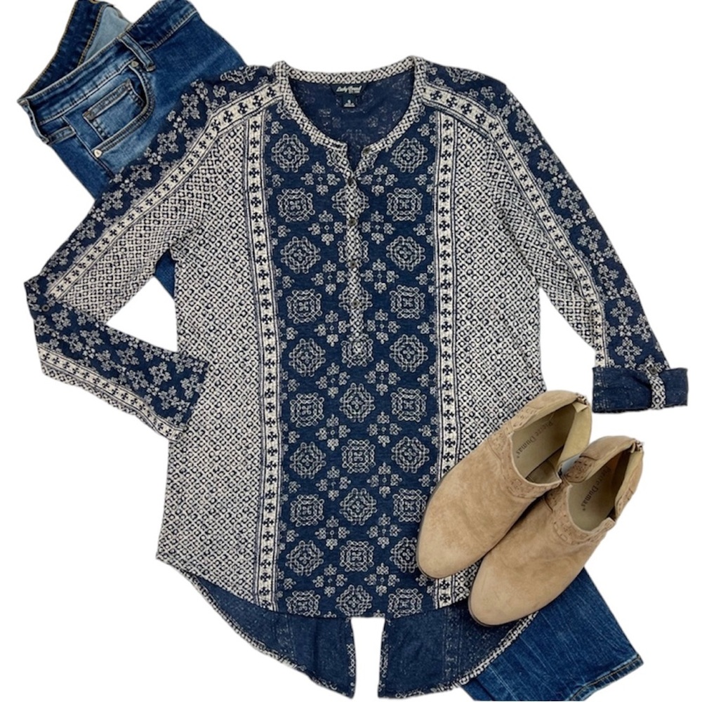 Lucky Brand Small Boho Summer Geometric Blue Tribal Festival Peasant top.